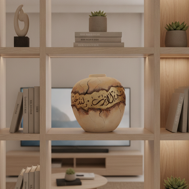 Earthen Beginnings / Round Ceramic Vase / Neutral Gold Brown / Exhibition Piece / Arabic Calligraphy Islamic Art