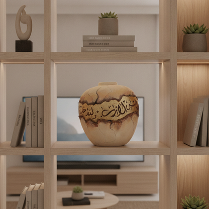 Earthen Beginnings / Round Ceramic Vase / Neutral Gold Brown / Exhibition Piece / Arabic Calligraphy Islamic Art