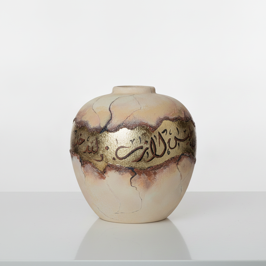 Earthen Beginnings / Round Ceramic Vase / Neutral Gold Brown / Exhibition Piece / Arabic Calligraphy Islamic Art