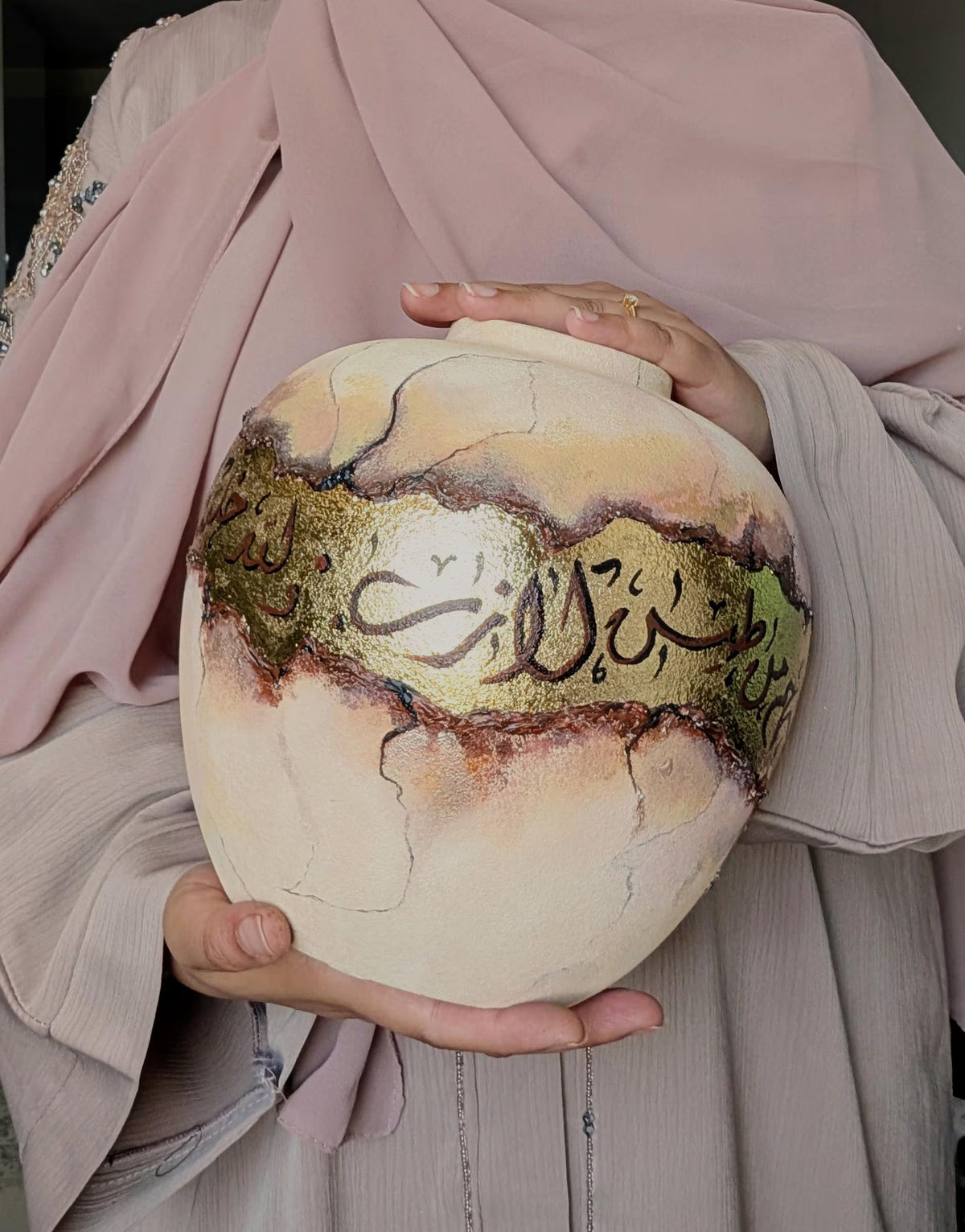 Earthen Beginnings / Round Ceramic Vase / Neutral Gold Brown / Exhibition Piece / Arabic Calligraphy Islamic Art