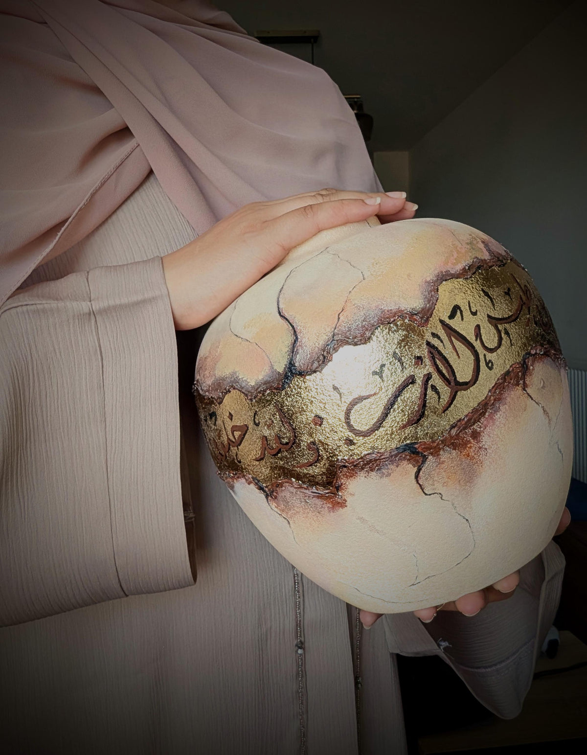 Earthen Beginnings / Round Ceramic Vase / Neutral Gold Brown / Exhibition Piece / Arabic Calligraphy Islamic Art